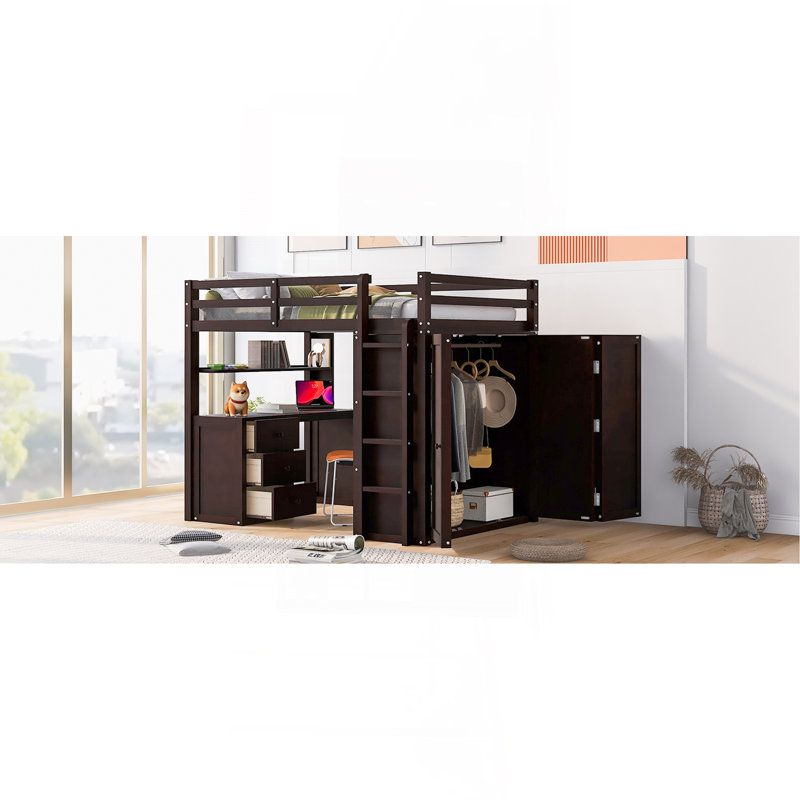 Lit mezzanine avec tiroirs, bureau et armoire-espresso, Lit double