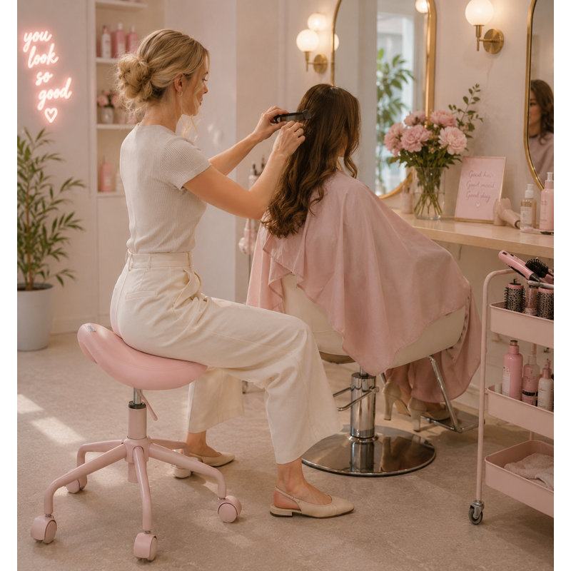  Adjustable Height Hydraulic Rolling Swivel Stool Chair with Metal Base and Faux Leather Cushion for Salon, Medical, Office and Home, 503 Kai Series - Saddle Seat, Pink