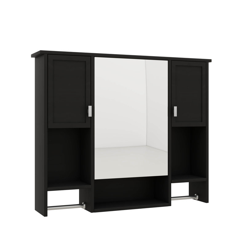 Armoire à pharmacie murale de 35 po x 28 po, armoire avec miroir, tablette ouverte, compartiment latéral et barre à serviettes, solution de rangement en miroir au-dessus de la toilette