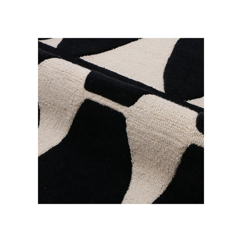 Tapis noir / beige en laine / coton touffeté à la main, Tapis de couloir 2 pi 6 po x 12 pi
