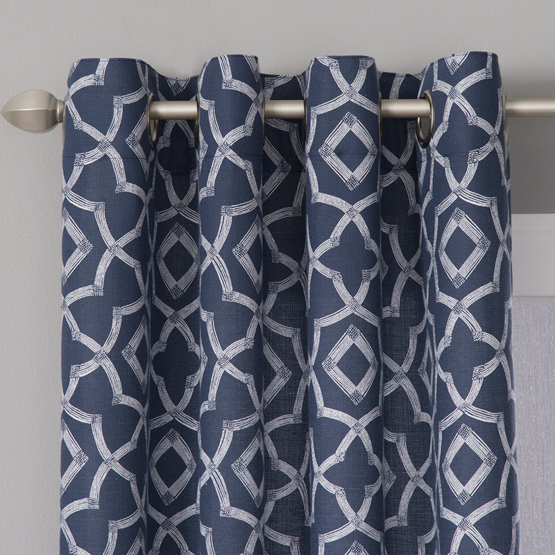 Ralon Polyester / Linen Light-Filtering Geometric Print Curtain Panel with Grommet Top, Navy/Ivory, 50" x 84"