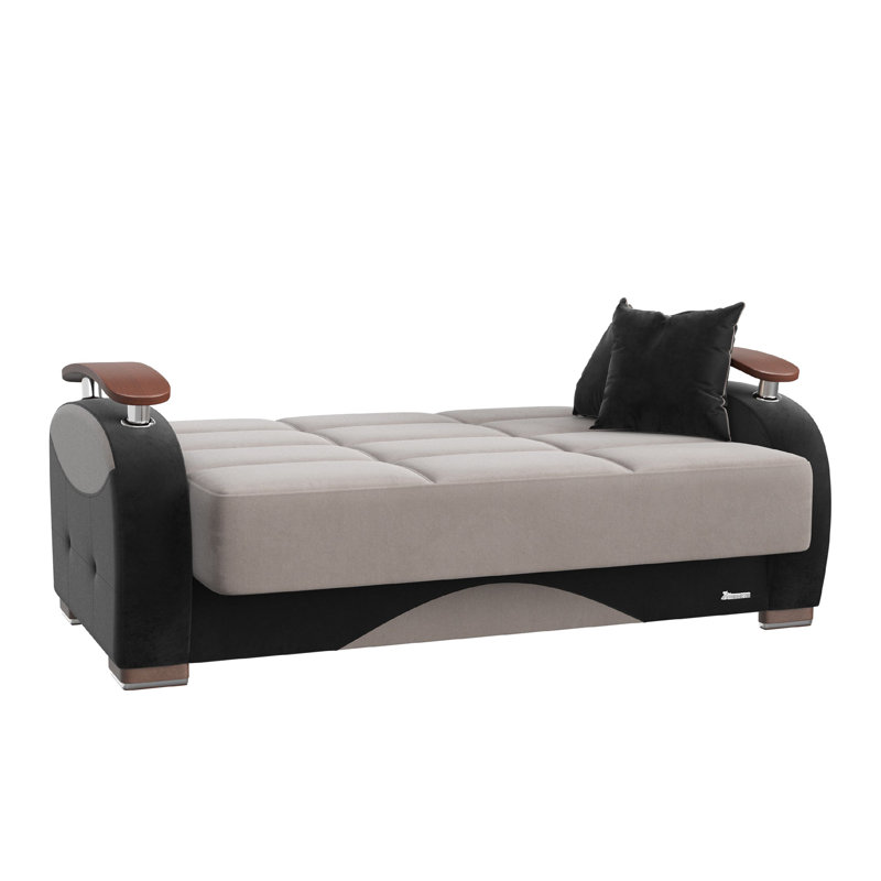 Gray Microfiber Upholstered Loveseat with Storage and Wooden Arm Tops