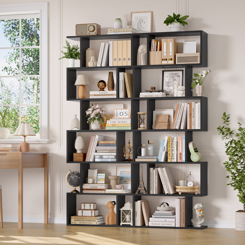 Hermoth 75'' H X 27.6'' W Tall Geometric Bookcase,6-Tier Storage Shelf, Contemporary Display Shelf, Black, 2