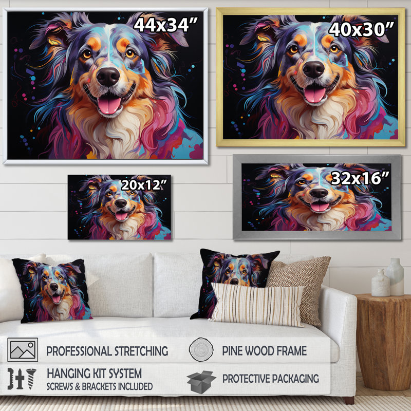 Chien, berger australien, Allure I sur toile, Cadre flottant doré, H 32 po x l 24 po x P 1 po