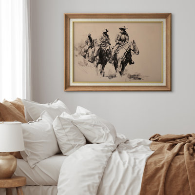 Western Cowboy Sketch Horse Riders Artwork, Office Room Pictures, Framed Canvas Giclee Print Wall Art