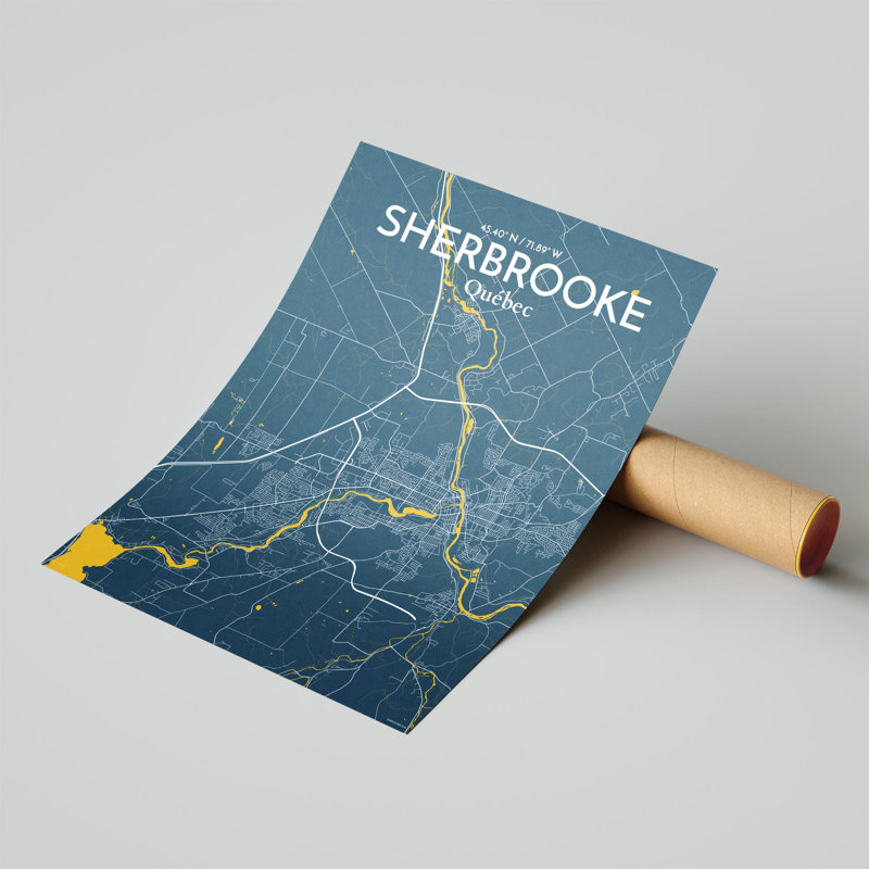 Sherbrooke, carte de la ville, impression, H 24 po x l 18 po, Bleu / Jaune
