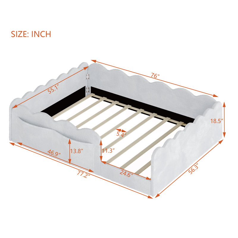 Lit double pleine grandeur pour enfant avec tissu moelleux, garde-corps rembourrés, poches de rangement latérales, base de lit Montessori à profil bas, gris clair