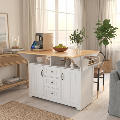 55.7-Inch Folding Dining Table with Drop Leaves, Built-in Power Outlets & Locking Wheels - White Farmhouse Kitchen Island and Office Desk