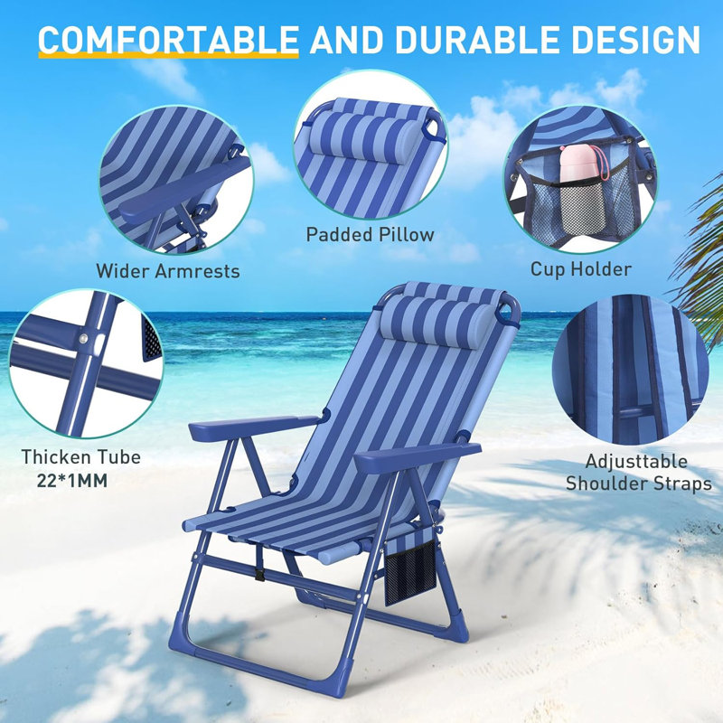 Backpack Beach Chair, 6-Positions Reclining Folding Beach Chair with Cooler Bag and Cup Holder, Navy Blue Striped, 1