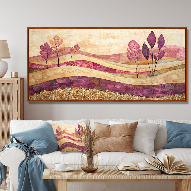«Country Side Rose Meadow With Wheat Field IV», reproduction sur toile, H 28 po x l 60 po, Impression encadrée flottante