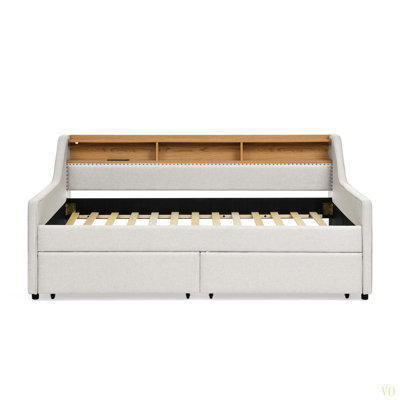 Twin Size Upholstery Sofa Bed With Three LED Lights, With Storage Adjustable Headboard, With Two Storage Pull Up Drawers And Wireless Charging, Linen Padded Sofa Bed Frame