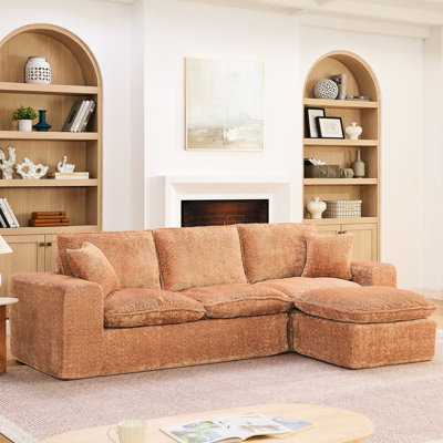 Canapé d'angle moderne en bouclette de 272 cm avec méridienne réversible pour salon, coussins moelleux effet nuage, couleur orange, dossier divisé, assise confortable, forme modulable, accoudoirs carrés, 4 places, aucun assemblage requis.