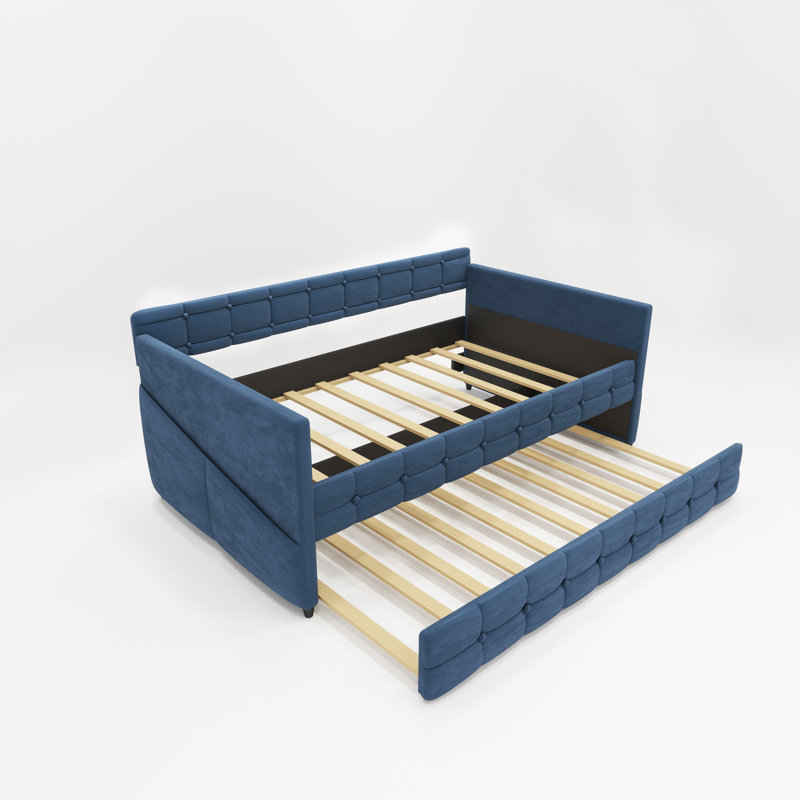  Blue Velvet Twin Daybed With Trundle – Upholstered Frame, Space-saving Design, No Box Spring Required