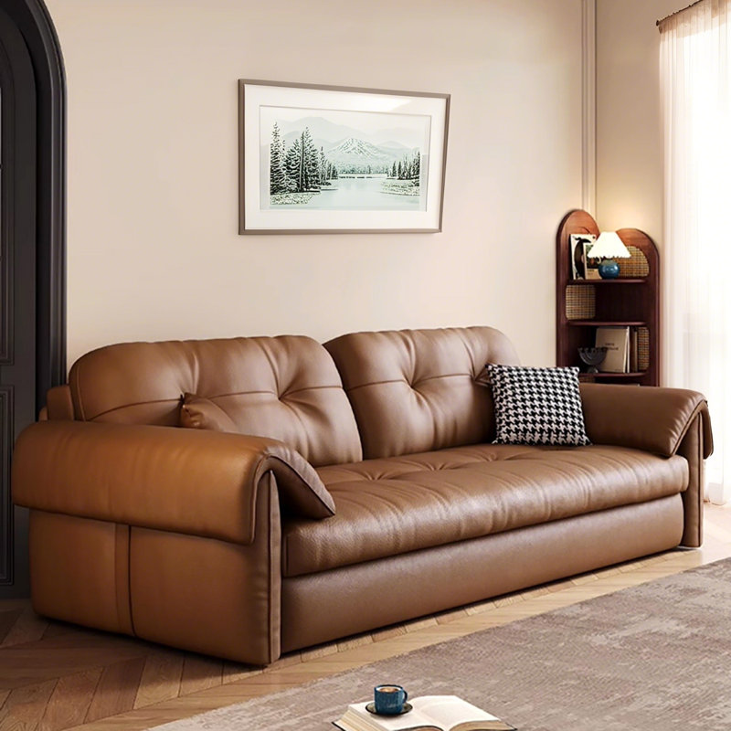 61.42"Brown Retro Eco Leather Sofa Bed, 33.86" H x 61.42" W x 32.28" D