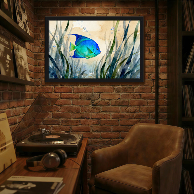 Animals Blue Fish Swimming Among Seaweed Bubbles, 12" H x 18" W