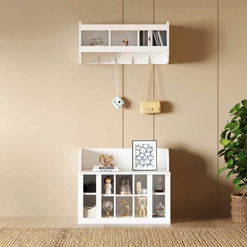 Banc de rangement pour chaussures avec tablettes et 4 crochets, Blanc