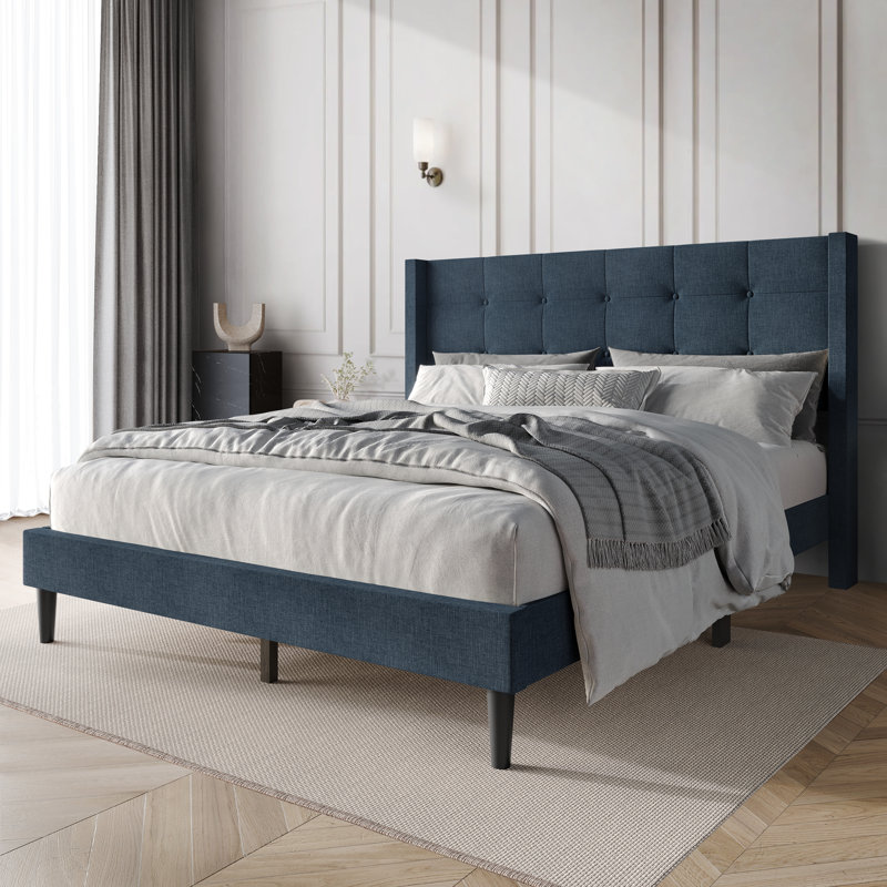 Glam Wingback Platform Bed, Blue, Queen