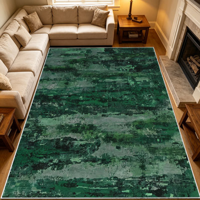 Tapis texturé abstrait vert foncé 1pc pour la peinture à l'huile, doux et confortable, convenant à toutes les saisons, facile à entretenir et lavable à la machine