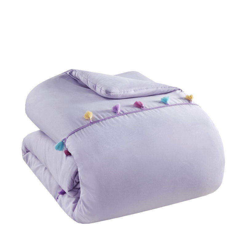 Édredon pour lit simple 3 pièces avec oreiller en cœur - Microfibre à pampilles multicolores lavande, glands de lavande décoratifs