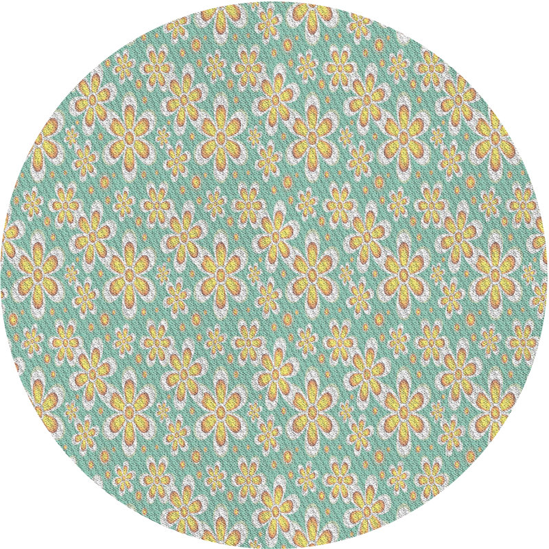 Tapis floral vert / jaune, Rond 7 pi