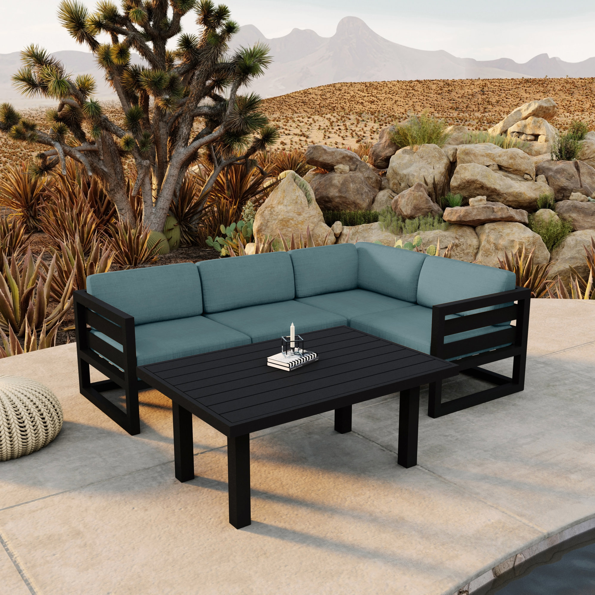 Smith 5 Piece Sectional Seating Group with Sunbrella® Cushions, Black, Cast Lagoon