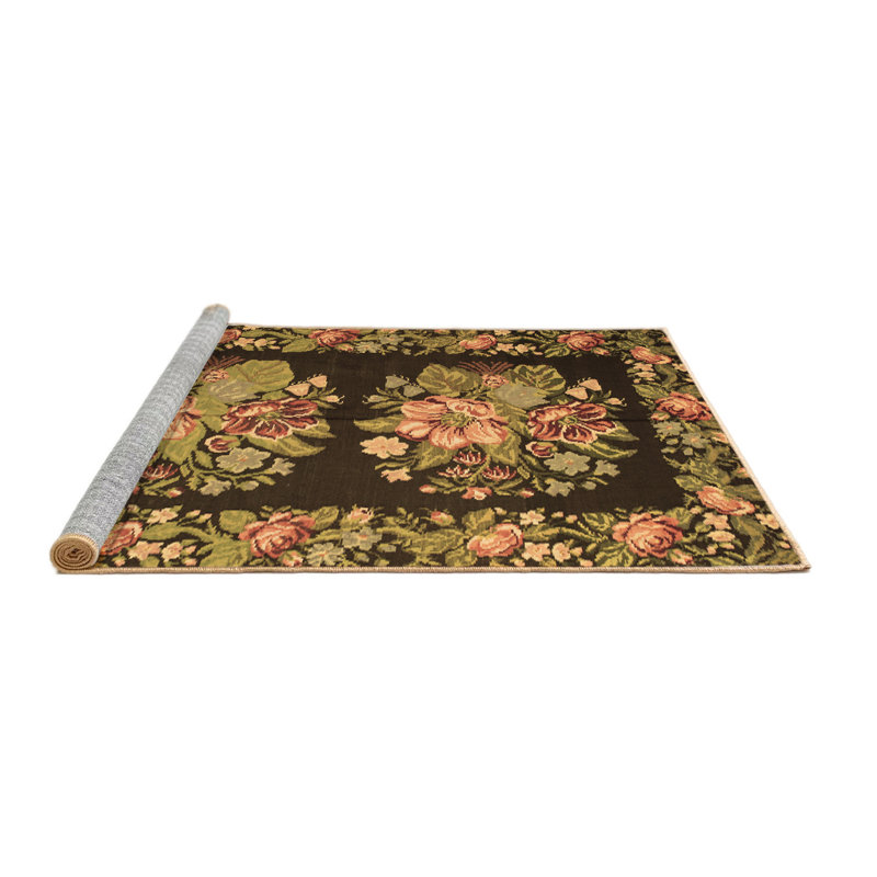 Tapis en chenille / polyester tissé à la machine à motif floral en chenille brun / noir / rose, Rond 6 pi