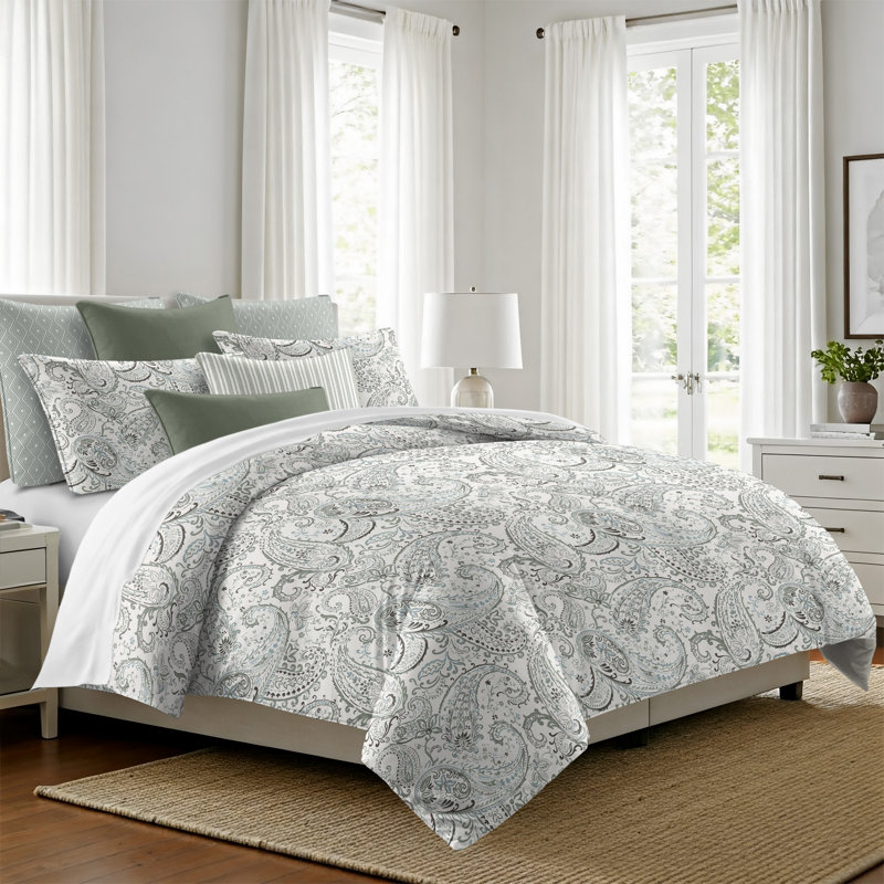 Paisley Seafoam Cotton Coverlet Set, California King Coverlet + 7 Additional Pieces