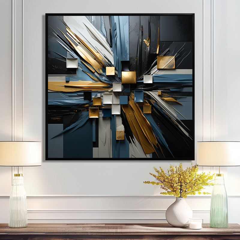 «Awakening Blue Gold Explosion», art mural géométrique, salon, Toile avec cadre flottant noir, H 16 po x l 16 po x P 1 po