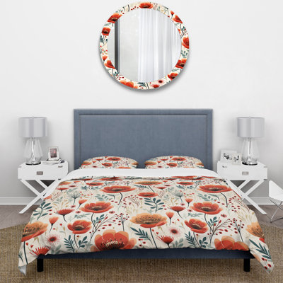 Red Coastal Serene Floral Pattern Box Stitch Floral Duvet Cover