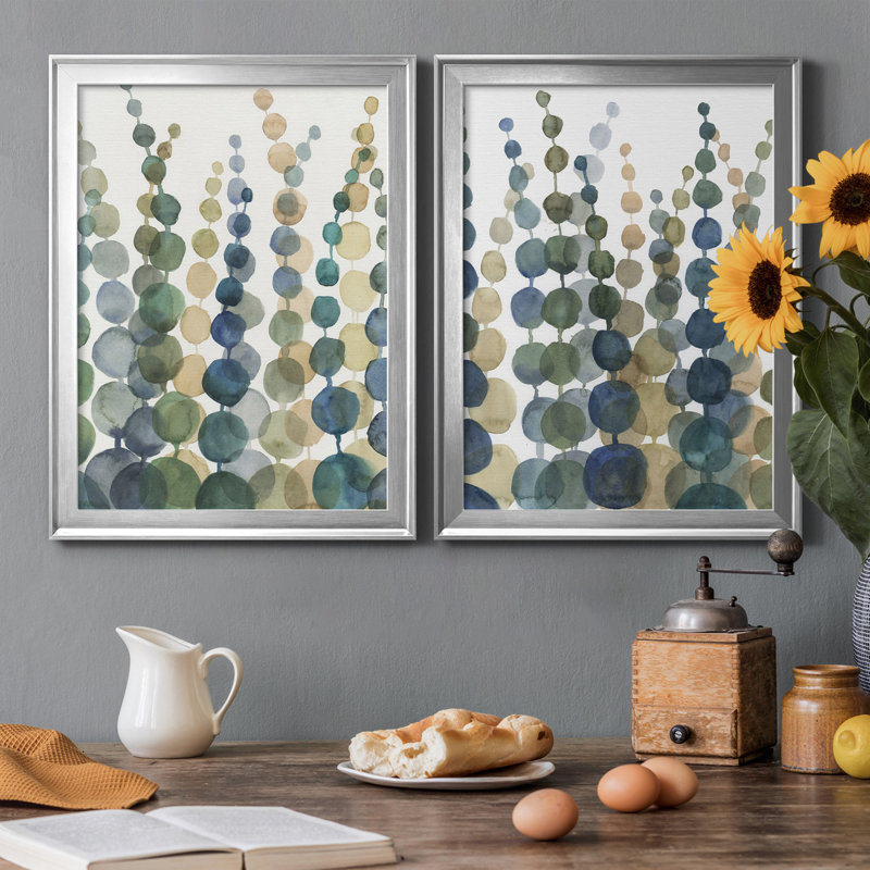«Pompom Botanical I», ensemble de 2 peintures sur toile encadrées, H 36,5 po x l 53 po x P 1 po, Argent