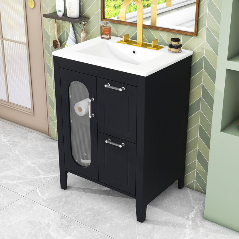 Meuble-lavabo moderne 24 po avec lavabo en céramique, tablettes réglables et 2 tiroirs, Noir