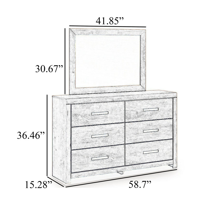 Peny 2Pc Bedroom Dresser And Mirror Set With 6 Drawers, Charcoal Black