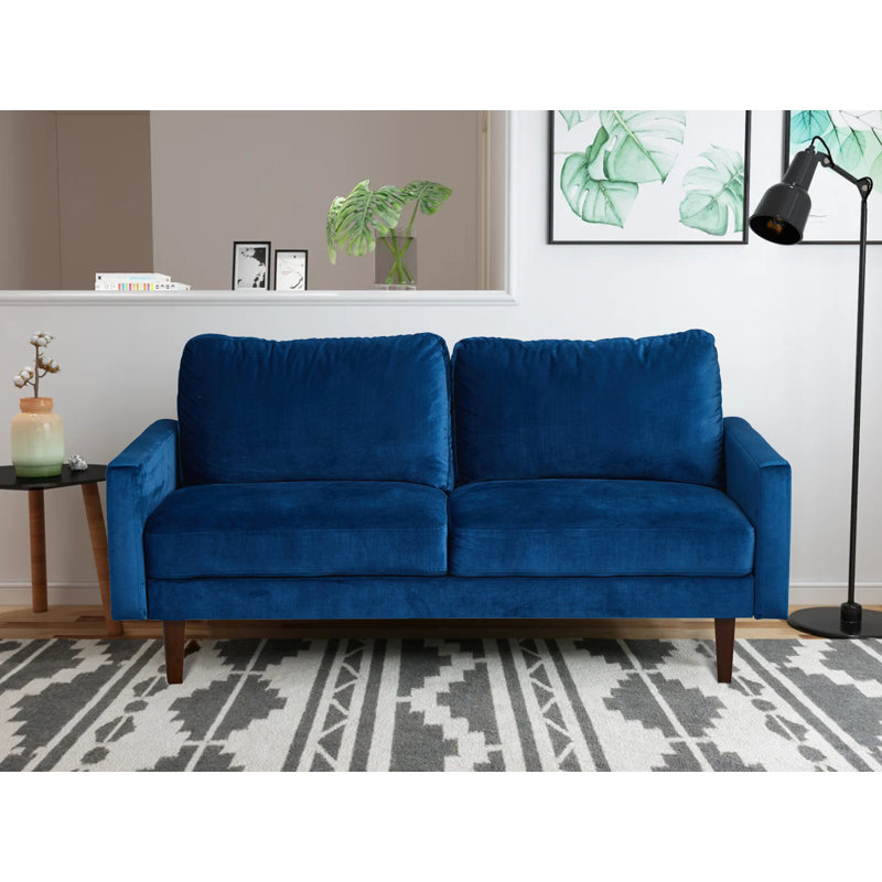 Causeuse à accoudoirs carrés, Velours bleu espace, H 35 po x l 60 po x P 33 po