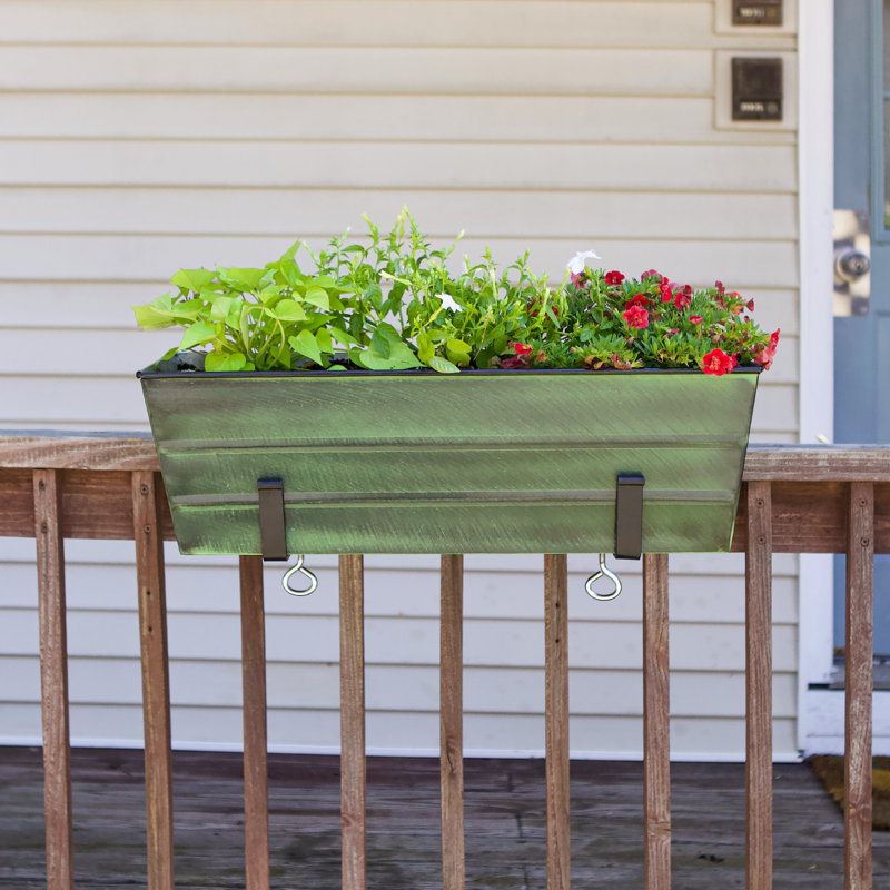 Medium Green Galvanized Steel Flower Box with Black Brackets