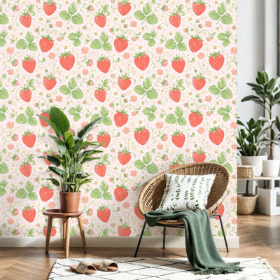 Peel and Stick Wallpaper Coquette strawberry flower Spring summer for fabric paper Contact Paper Removable Self Adhesive Wall Mural Wall Decor for Bedroom Kitchen Cabinets 17.7in x 118in