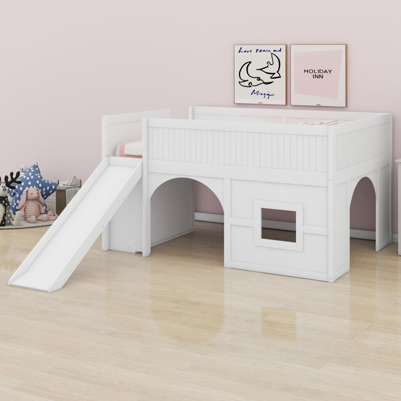 Low Profile Loft Bed Featuring A Slide And Shelves, White