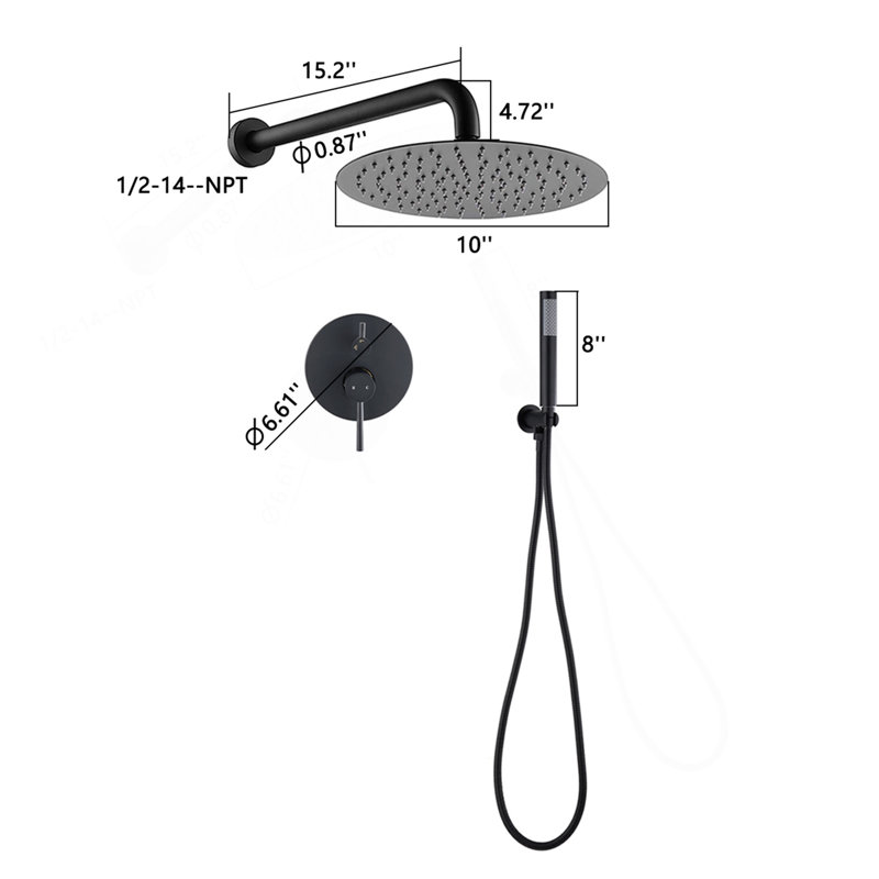 Ensemble de pomme de douche à pluie 10 po noir mat et pomme de douche à main Roud, Noir mat