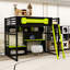Lit mezzanine double avec station de charge, bureau, tablettes de rangement, panneau perforé et éclairage DEL-723108222