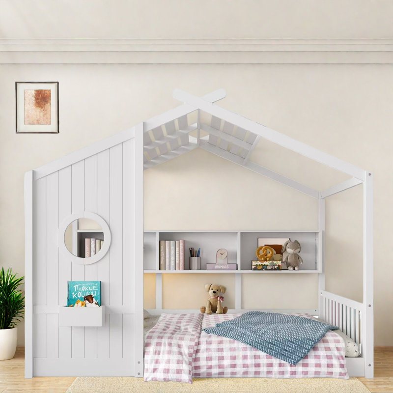Lit sur pied avec tablettes de rangement, Double, Blanc / Blanc
