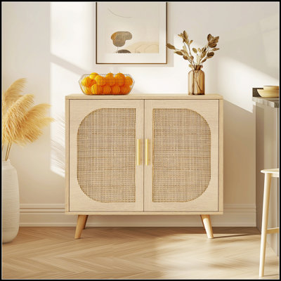 Élégante armoire-buffet avec rangement, armoire de salle de bain décorative, deux portes, 4 compartiments, pieds en bois massif, finition naturelle