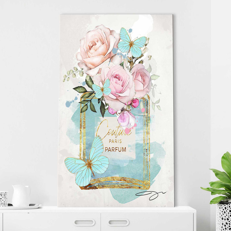 «Parfum Bottle, Flowers & Butterflies (Blue) (Vertical)» par By Jodi - impression, H 40 po x l 24 po x P 1,5 po, Toile tendue