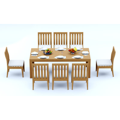 Ensemble de salle à manger en bois de teck Grade-A: table rectangulaire Canberra de 86 po et chaises sans accoudoirs Caranas # 11Ca1900