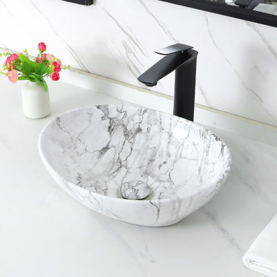 Davivy 16.3" x 13.2" Nordic Marbling Ceramic White Oval Bathroom Vessel Sink
