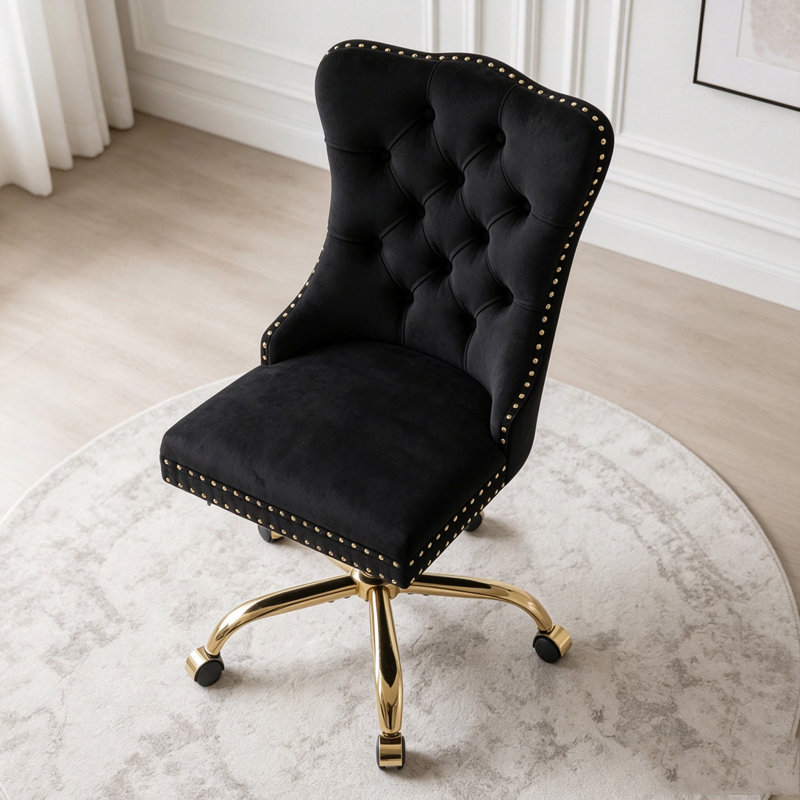 Chaise de bureau en velours de luxe avec base dorée et capitonnage à losanges, Noir