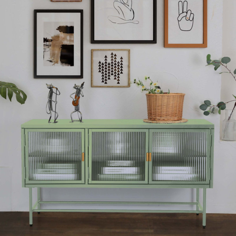 Meuble télé avec armoire de rangement fermée, Vert, Doré
