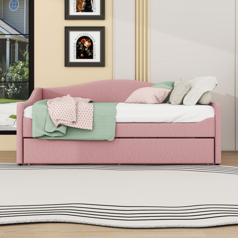Upholstered Daybed with Trundle and LED Lights, Full/Double, Pink