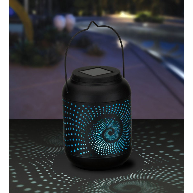 9" Inch Metal Solar Powered Outdoor Shadow Lantern with Decorative Cutout Patterns and Hanging Handle, Spiral