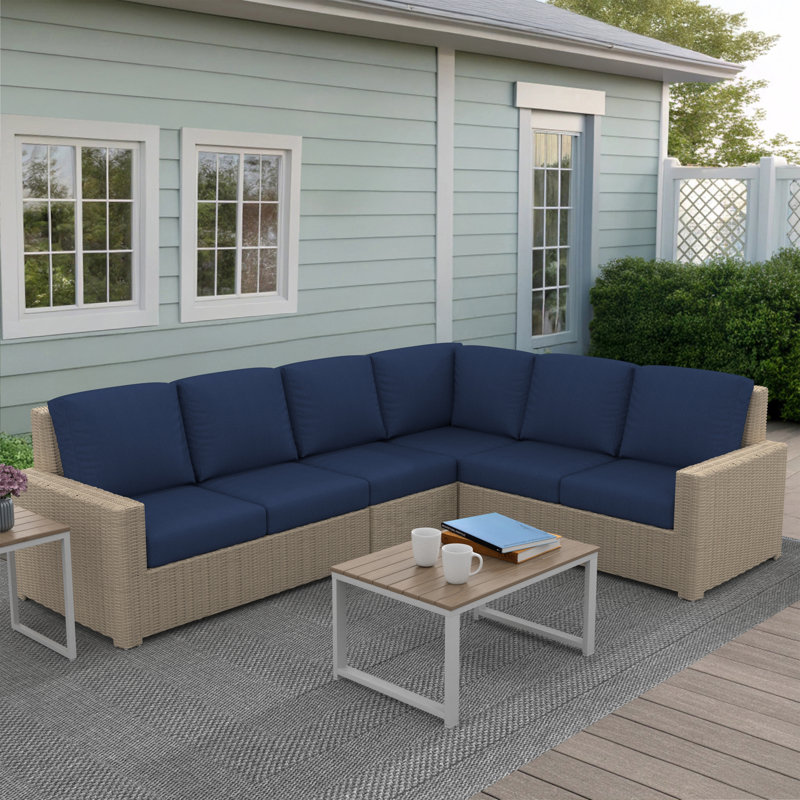 Henri 116" W Outdoor L-Shaped Sectional with Sunbrella Cushions, Sunbrella Canvas Navy