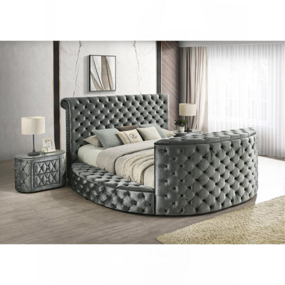 Luxurious Queen Size Bed Nightstand Set Deeply Tufted Headboard Nail Head Trim Upholstery Grey Velvet Footboard Integrated Television Lift Mechanism Built-In Electric Fireplace Storage 3Pc Set