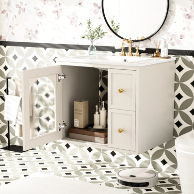 Wall - Mounted 24" Bathroom Vanity With Ceramic Sink, 2 Drawers, Overflow, Smart Storage, Easy Assembly, Contemporary Design 1 Soft Close Door, Two Deep Setup,
